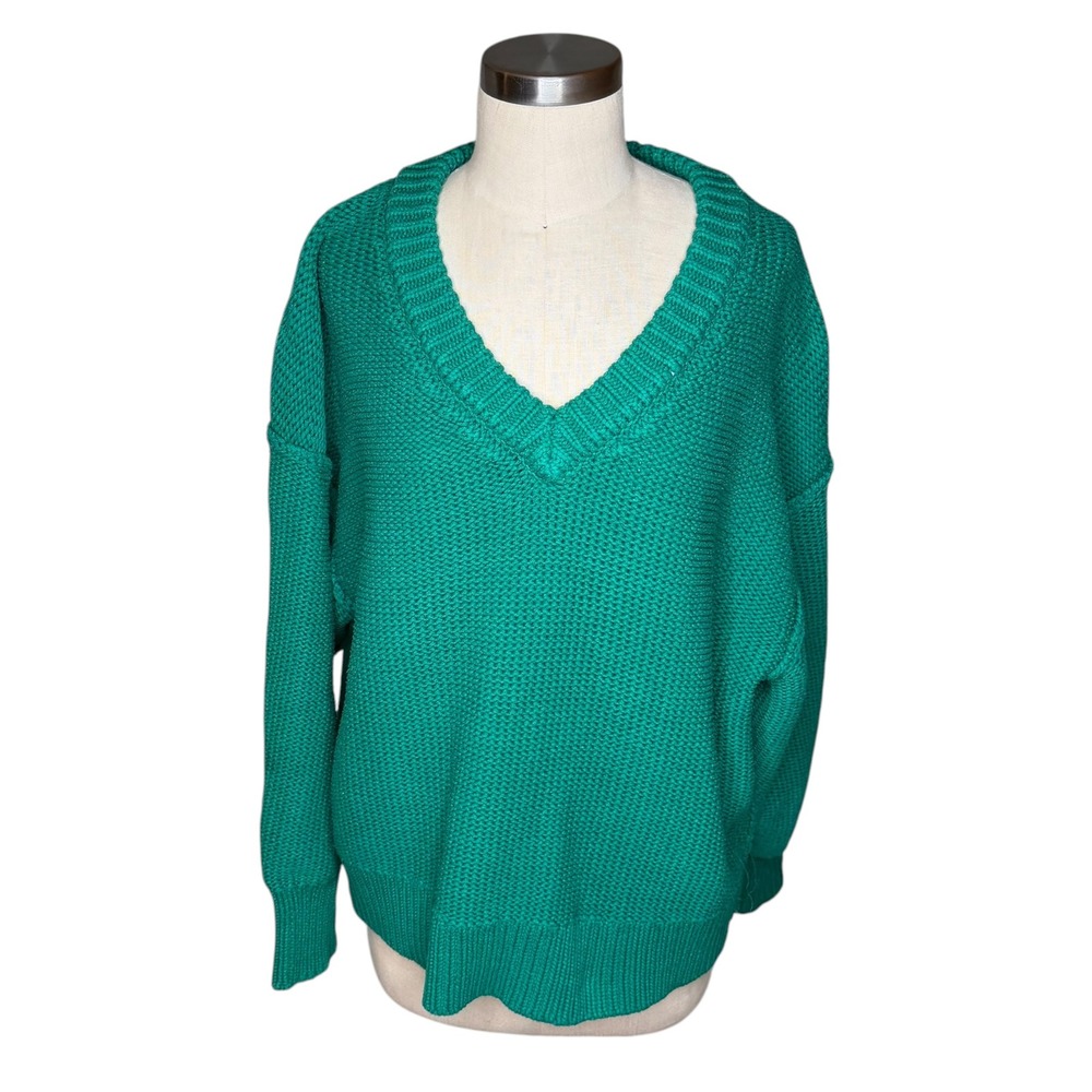 FREE PEOPLE Alli Oversized Pullover Sweater Green V-Neck Chunky Knit Women's XS